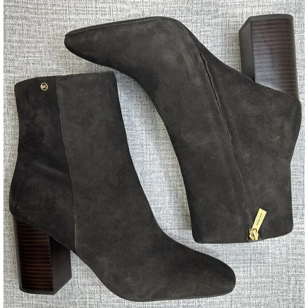 Michael Kors Brown Suede Leather Block Heel Side Zip Ankle Bootie Women's 10